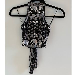 Black and White Boho Halter Neck Crop Top